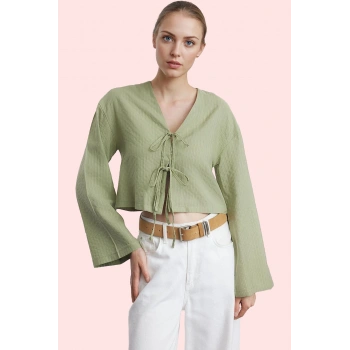 Kadın Keten Görünümlü Çizgili Bisiklet Yaka Uzun Kollu Gömlek Günlük Stil Kaliteli Malzeme