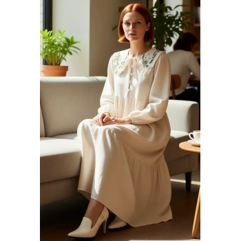 Kadın Keten Görünümlü Dokuma Maxi Elbise Bebe Yaka Balon Kol Nakış Detaylı Rahat Şık Tasarım