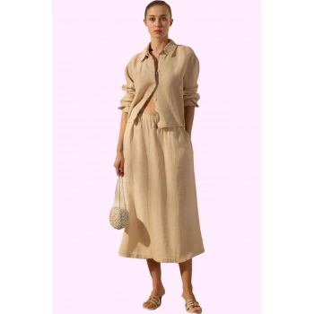 Kadın Keten Midi Etek Basic Siluet Rahat Günlük Kullanım Hafta Sonu Yaz Aylarının Vazgeçilmezi