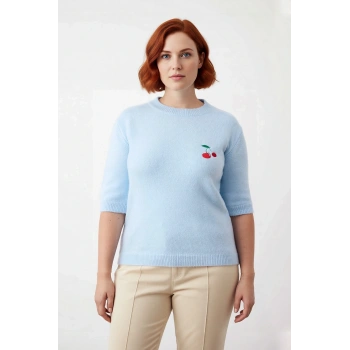 Kadın Kiraz Nakışlı Bisiklet Yaka Düşük Kol Regular Kalıp Triko Kazak İlkbahar Sonbahar Stili