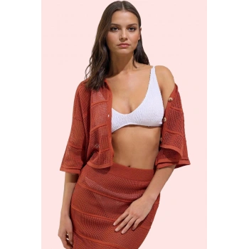 Kadın Kiremit Kroşe Plaj Gömlek Desenli Triko Kumaş Yazlık Günlük Kullanım Kaliteli Malzeme