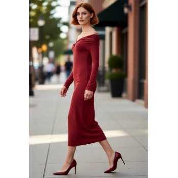 Kadın Kiremit Rengi Aksesuar Detaylı Bodycon Maxi Elbise Carmen Yaka Uzun Düşük Kol Kışlık