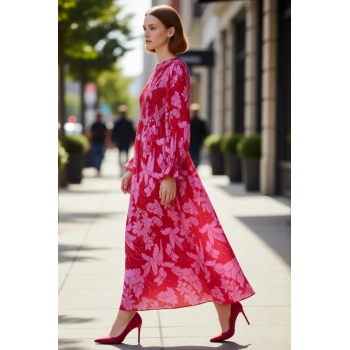 Kadın Kırmızı Çiçekli Dokuma Maxi Elbise Uzun Büzgülü Kollu Şık Bisiklet Yaka Tasarımı Kaliteli