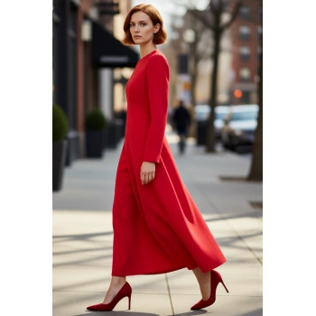 Kadın Kırmızı Dokuma Skater Elbise Uzun Kollu Bisiklet Yaka Maxi Boy Günlük Şık Giyim İçin İdeal