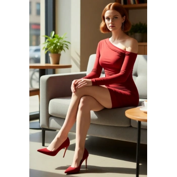 Kadın Kırmızı Örme Dalgıç Kumaş Bodycon Asimetrik Yaka Uzun Kol Mini Gece Elbisesi Kaliteli