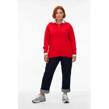 Kadın Kırmızı Regular Kalıp Devrik Yaka Fermuarlı Triko Kazak Düşük Kol ve Düz Desenli Kışlık Şıklık