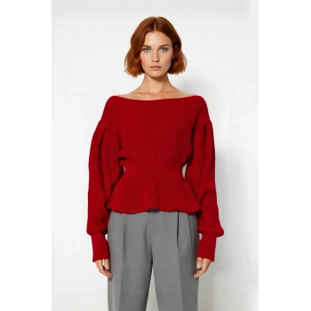 Kadın Kırmızı Regular Kalıp Kayık Yaka Balon Kol Crop Triko Kazak Gündüz Gece Şıklığı Sunar