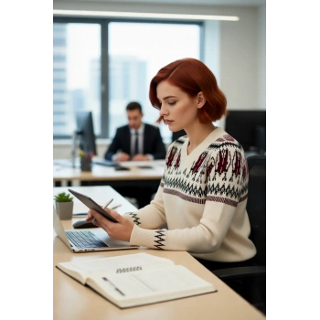 Kadın Kış Sezonu Kalın Triko Geometrik Desenli V Yaka Regular Kalıp Reglan Kol Kazak Kaliteli