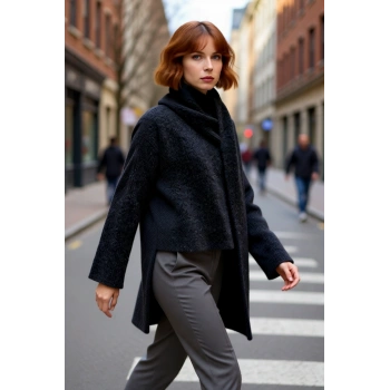 Kadın Kış Sezonu Regular Kalıp Şal Yaka Düşük Kol Kalın Crop Triko Kazak Günlük Rahat Stil