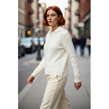 Kadın Kış Sezonu Regular Kesim Fermuarlı Triko Polo Yaka Kazak Rahat Ve Şık Görünüm Kaliteli