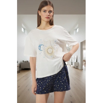 Kadın Kısa Kollu Bisiklet Yaka Pamuklu Pijama Takımı Premium Kalite Konforlu Kesim Trend Tasarım