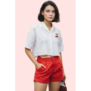 Kadın Kısa Kollu Dokuma Gömlek Regular Kalıp Pamuklu Günlük Kullanım Yaz Aylarının Vazgeçilmezi