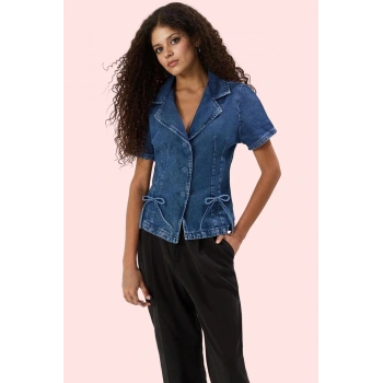 Kadın Kısa Kollu Pamuklu Denim Gömlek A Line Regular Kalıp Günlük Yaz Aylarının Vazgeçilmezi