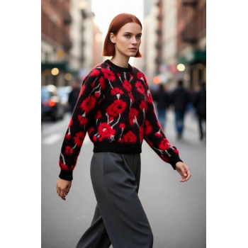 Kadın Kışlık Çiçekli Triko Kazak Regular Kalıp Bisiklet Yaka Düşük Kol Yumuşak Dokulu Rahat Giyim