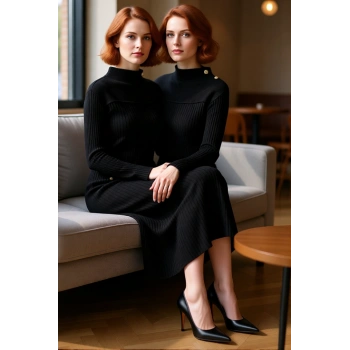 Kadın Kışlık Dik Yaka A Line Ribana Triko Elbise Uzun Kollu Maxi Boy Günlük Kullanım İçin İdeal