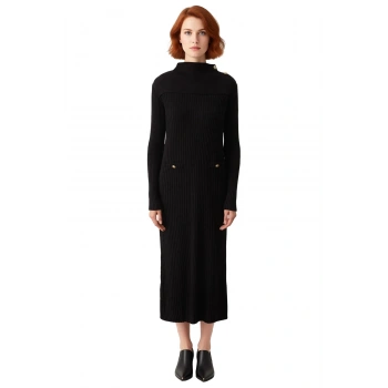 Kadın Kışlık Dik Yaka A Line Ribana Triko Elbise Uzun Kollu Maxi Boy Günlük Kullanım İçin İdeal
