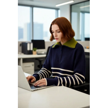 Kadın Kışlık Geniş Kalıp Düşük Kol Triko Kazak Yarım Fermuar Detaylı Çizgili Tasarım Kaliteli