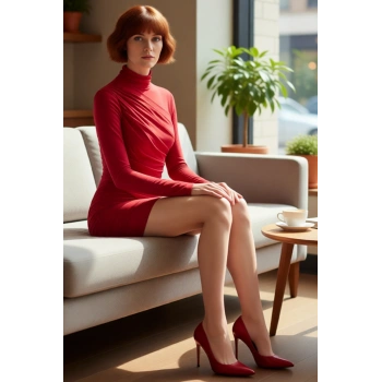 Kadın Kışlık Kırmızı Uzun Kollu Bodycon Mini Elbise Dik Yaka Tasarımıyla Gündüzden Geceye Şıklık