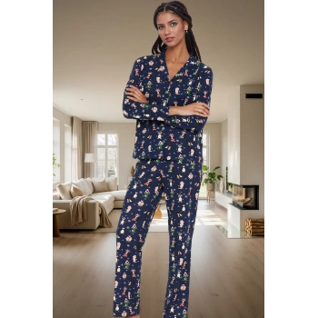 Kadın Kışlık Penguen Desenli %100 Pamuklu Pijama Takımı Rahat Kalıp Özel Tasarım Ve Şık