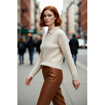 Kadın Kışlık Regular Kalıp Akrilik Triko Kazak Polo Yaka Saç Örgü Desenli Konforlu Uzun Kol