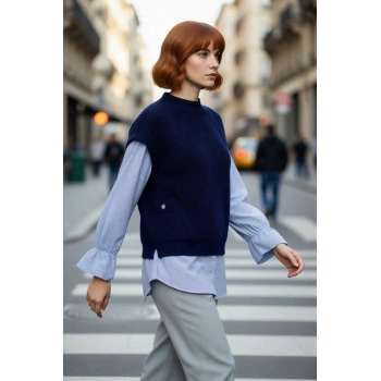 Kadın Kışlık Regular Kalıp Gömlek Garnili Bisiklet Yaka Triko Süveter Rahat ve Şık Günlük Stile