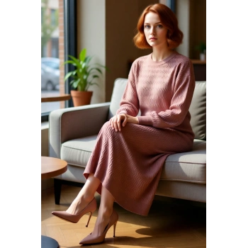Kadın Kışlık Uzun Triko Elbise Rahat Shift Kalıbı ve Ajurlu Dokusuyla Şık Günlük Stiller Kaliteli