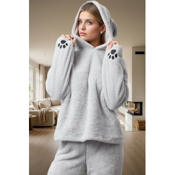 Kadın Kışlık Wellsoft Pijama Takımı Kapüşonlu Boru Paça Rahat Ev Giyim Seti Uzun Ömürlü Modern Stil