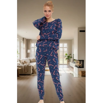 Kadın Kışlık Yılbaşı Baskılı Pamuklu Pijama Takımı Rahat Kullanım Günlük İçin