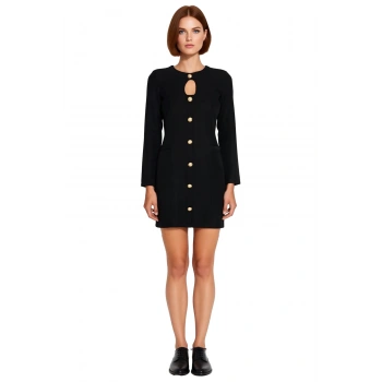 Kadın Klasik Kesim Uzun Kollu Düz Desen Düğme Detaylı Bisiklet Yaka Mini Dokuma Elbise Zarafet Katar