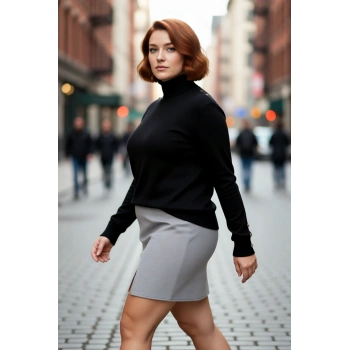 Kadın Klasik Siyah Balıkçı Yaka Basic Triko Kazak Uzun Kollu Düğme Detayıyla Günlük Şıklık