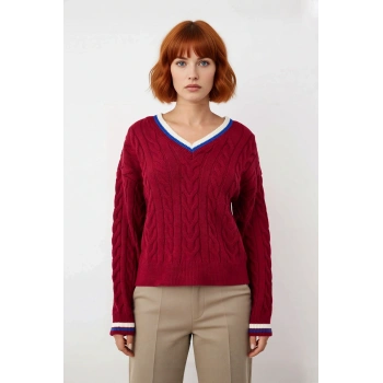 Kadın Kolej Stil Saç Örgülü V Yaka Triko Kazak Regular Kalıp Rahat Şık Günlük Kombinler İçin