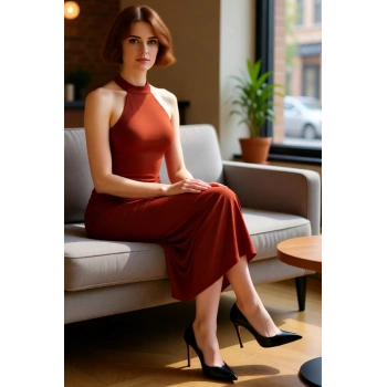 Kadın Kolsuz Bodycon Elbise Boyundan Bağlamalı Büzgülü Midi Kesim Örme Sandy Dokulu Şık Kaliteli