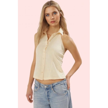 Kadın Kolsuz Gömlek Yaka Düz Desenli Flamlı Pamuk Yazlık Bluz Günlük Kullanım Modern Tasarım