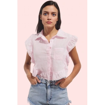 Kadın Kolsuz Gömlek Yaka Fırfır Detaylı Pamuklu Bluz Yaz Aylarının Vazgeçilmezi Günlük Kullanım