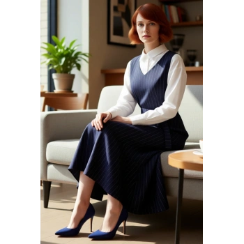 Kadın Kolsuz Jile Elbise Dokuma Kumaş Çizgili Desen V Yaka Rahat Şık Günlük Kombinler Kaliteli