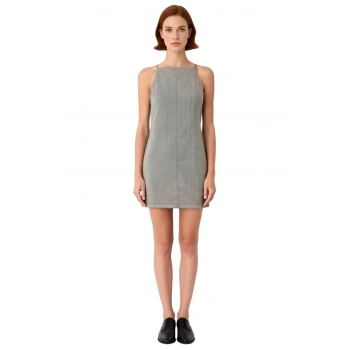 Kadın Kolsuz Mini Boy Shift Kalıp Halter Yaka Gri Kazayağı Desenli Günlük Ve Abiye Elbise Kaliteli