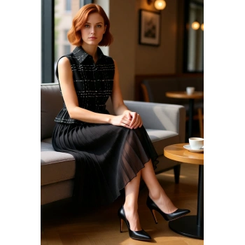 Kadın Kolsuz Skater Midi Elbise Tüvit Detaylı Kemerli Gömlek Yaka Piliseli Zarif Dokuma Stil