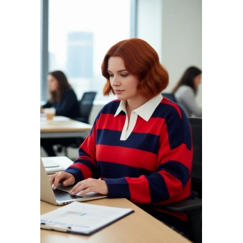 Kadın Konforlu Rahat Kesim Polo Yaka Çizgili Uzun Kollu Triko Kazak Orta Kalınlık Günlük Şıklık