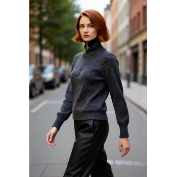 Kadın Konforlu Selanik Dokuma Fermuarlı Dik Yaka Triko Kazak Günlük Kış Stilinize Fark Katın