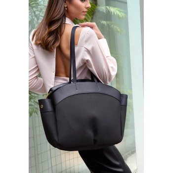 Kadın Kontrast Renkli Büyük Tote Çanta Suni Deri Detaylı Geniş Hacimli Şık Omuz Çantası