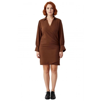 Kadın Kruvaze Düz Desen Mini Boy Uzun Kollu Dokuma Elbise Polyester Materyal İlkbahar Sonbahar