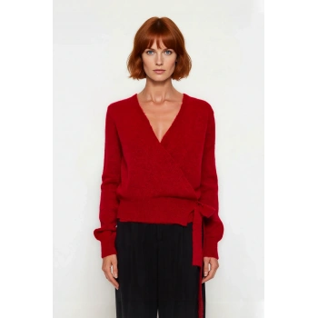 Kadın Kruvaze Triko Kazak Regular Kalıp Rahat Kesim Orta Kalınlık Düz Desen Standart Kol Uzun Kollu