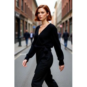 Kadın Kruvaze V Yaka Crop Triko Kazak Regular Kalıp Uzun Kol Fitilli Dokuma Günlük Şıklık Kaliteli