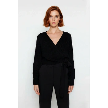 Kadın Kruvaze V Yaka Crop Triko Kazak Regular Kalıp Uzun Kollu Basic Siluet Kış Koleksiyonu
