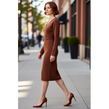 Kadın Kruvaze V Yaka Selanik Örme Bodycon Kışlık Midi Elbise Uzun Kollu Şık ve Konforlu Kaliteli