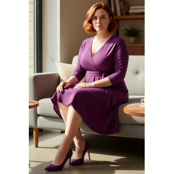 Kadın Kruvaze Yaka Kuşaklı Düz Desen A line Büyük Beden Örme Midi Elbise Rahatlık Sunar Kaliteli