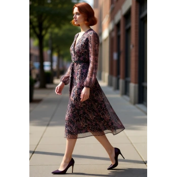 Kadın Kruvaze Yaka Şifon Midi Elbise Soyut Desenli Kemerli Uzun Balon Kol Skater Kalıp Modeli