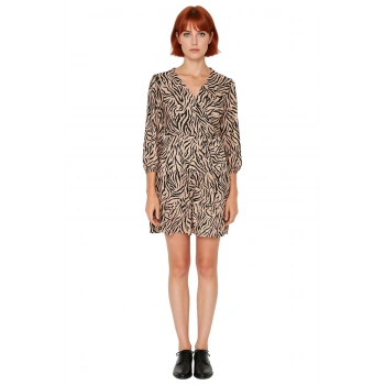 Kadın Kruvaze Yaka Zebra Desenli Skater Mini Elbise Esnek Örme Kumaş Truvakar Kol Detaylı Kaliteli