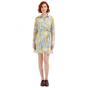 Kadın Kuşaklı Gömlek Yaka Çiçekli Desenli Şifon Mini Elbise Günlük ve Özel Anlar İçin Kaliteli