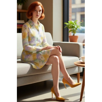 Kadın Kuşaklı Gömlek Yaka Çiçekli Desenli Şifon Mini Elbise Günlük ve Özel Anlar İçin Kaliteli